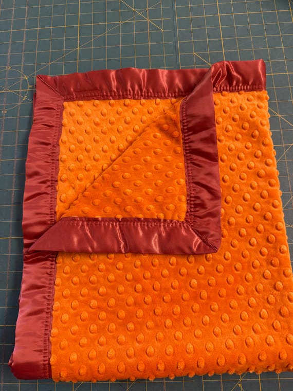 30 x 35 minky dot pumpkin double baby blanket with rust binding and FREE embroidery