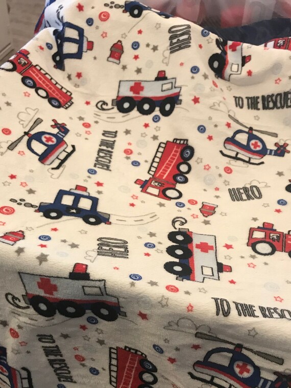 First responders double minky and satin baby blanket 30 x 35 with red satin binding and FREE embroidery
