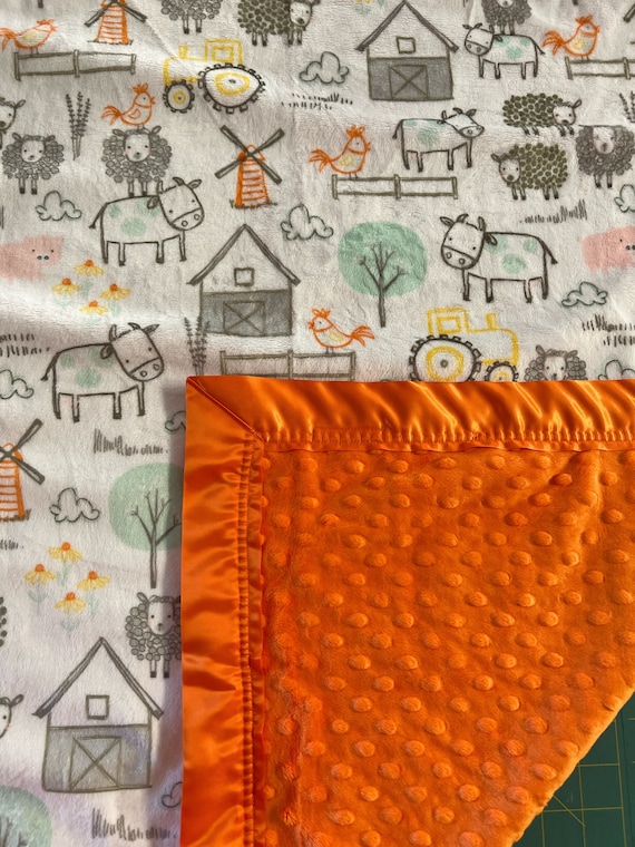 Farm animals 30 x 35  double minky and satin baby blanket and FREE embroidery