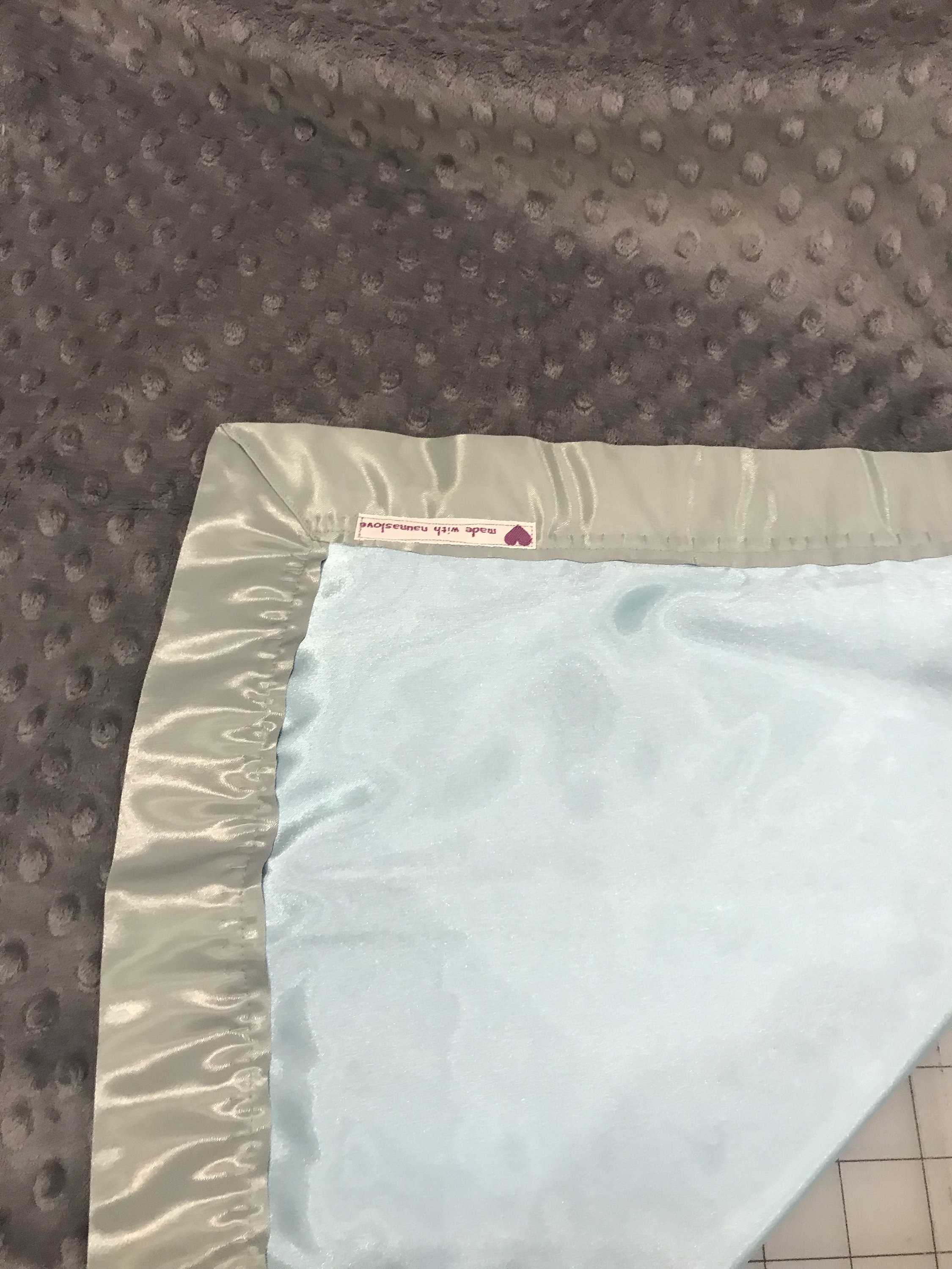 Steel dark gray minky 30 x 35 baby blanket with blue satin