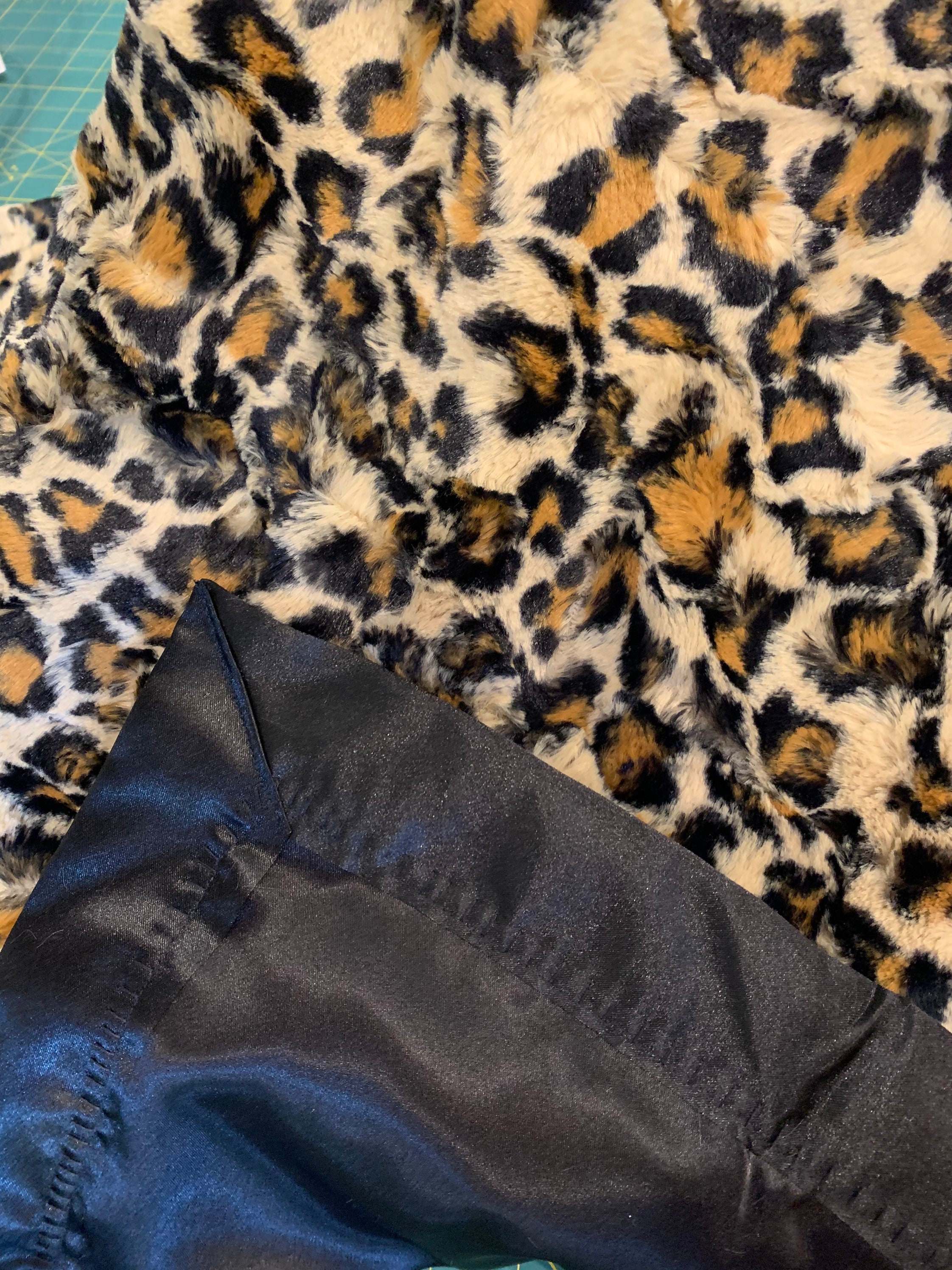 Fuzzy cheetah minky and satin baby blanket 30 x 35