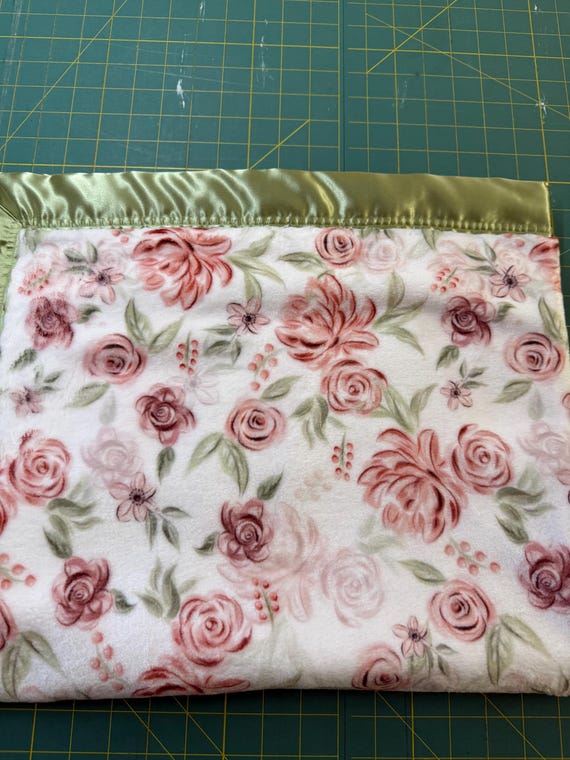 30 x 35 Sage, pink and burgundy flowers on white double minky smooth blanket with sage or burgundy binding and FREE embroidery