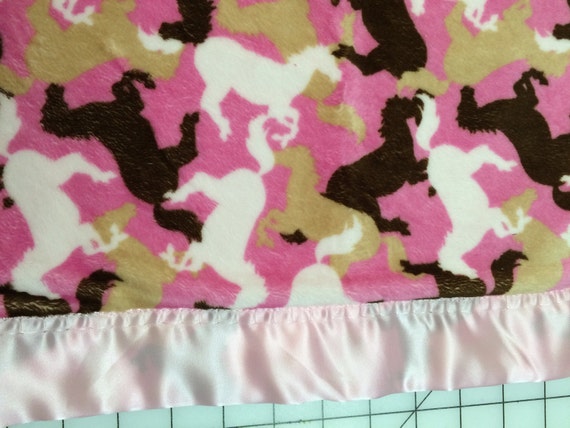30 x 35 Pink and brown horsie minky and satin baby blanket