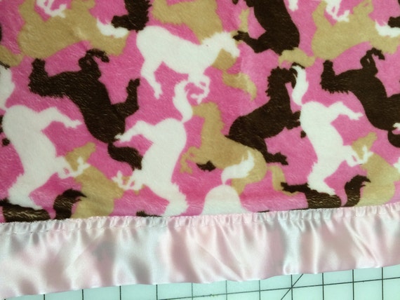 30 x 35 Pink and brown horsie minky and satin baby blanket with FREE embroidery