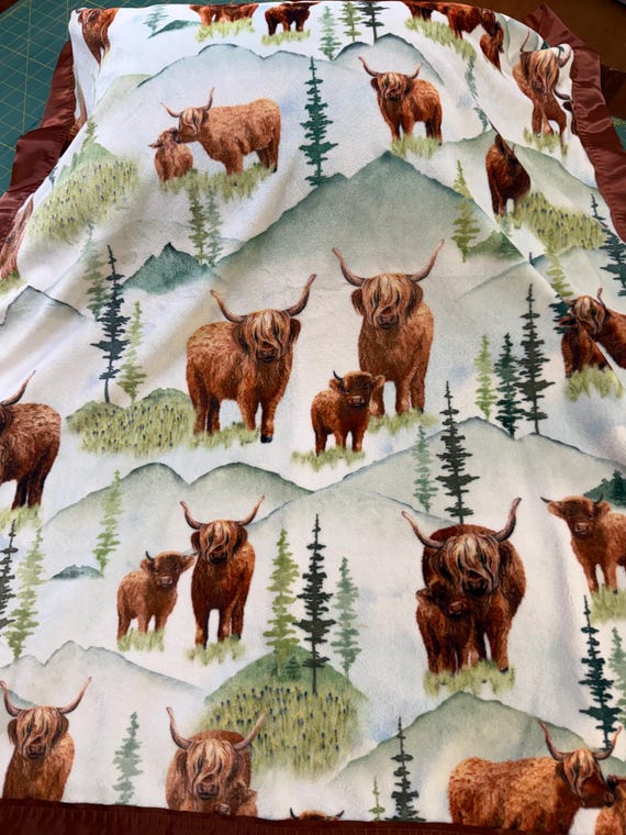 Free embroidery Highland Coo Minky and satin baby blanket 30 x 35
