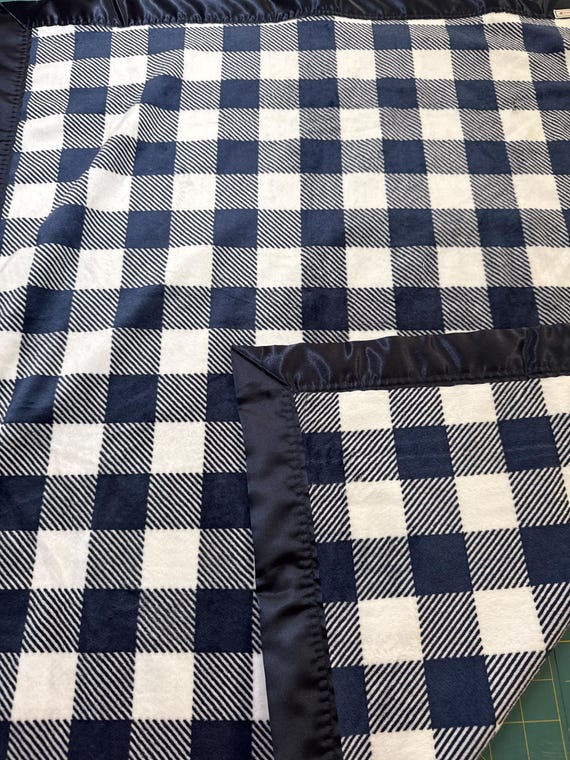 Navy blue buffalo check double minky baby blanket 30 x 35 with navy satin binding and FREE embroidery