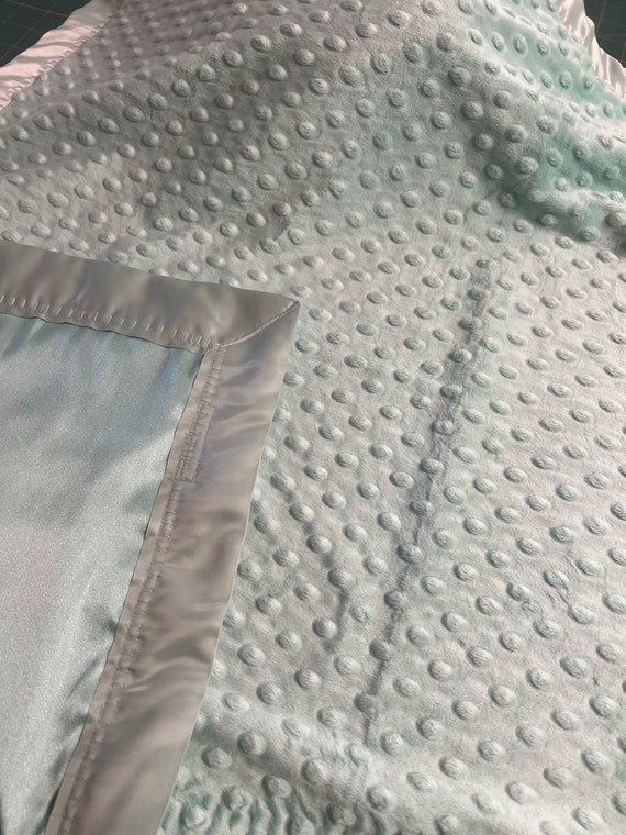 31 x 34 mint minky blanket with mint satin backing and binding and FREE embroidery