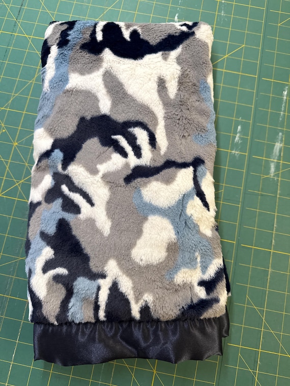 30 x 35 double navy blue grey fuzzy camo minky  blanket with navy binding with FREE embroidery.