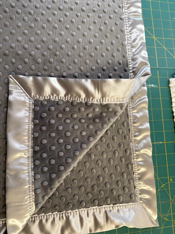 30 x 35 dark grey double minky dot blanket with grey satin binding and FREE embroidery