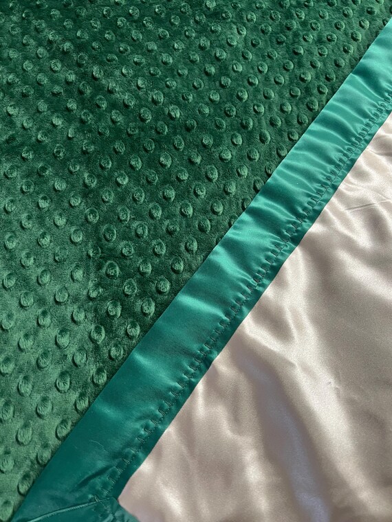30 x 35 evergreen minky dot baby blanket with champagne satin backing and FREE embroidery