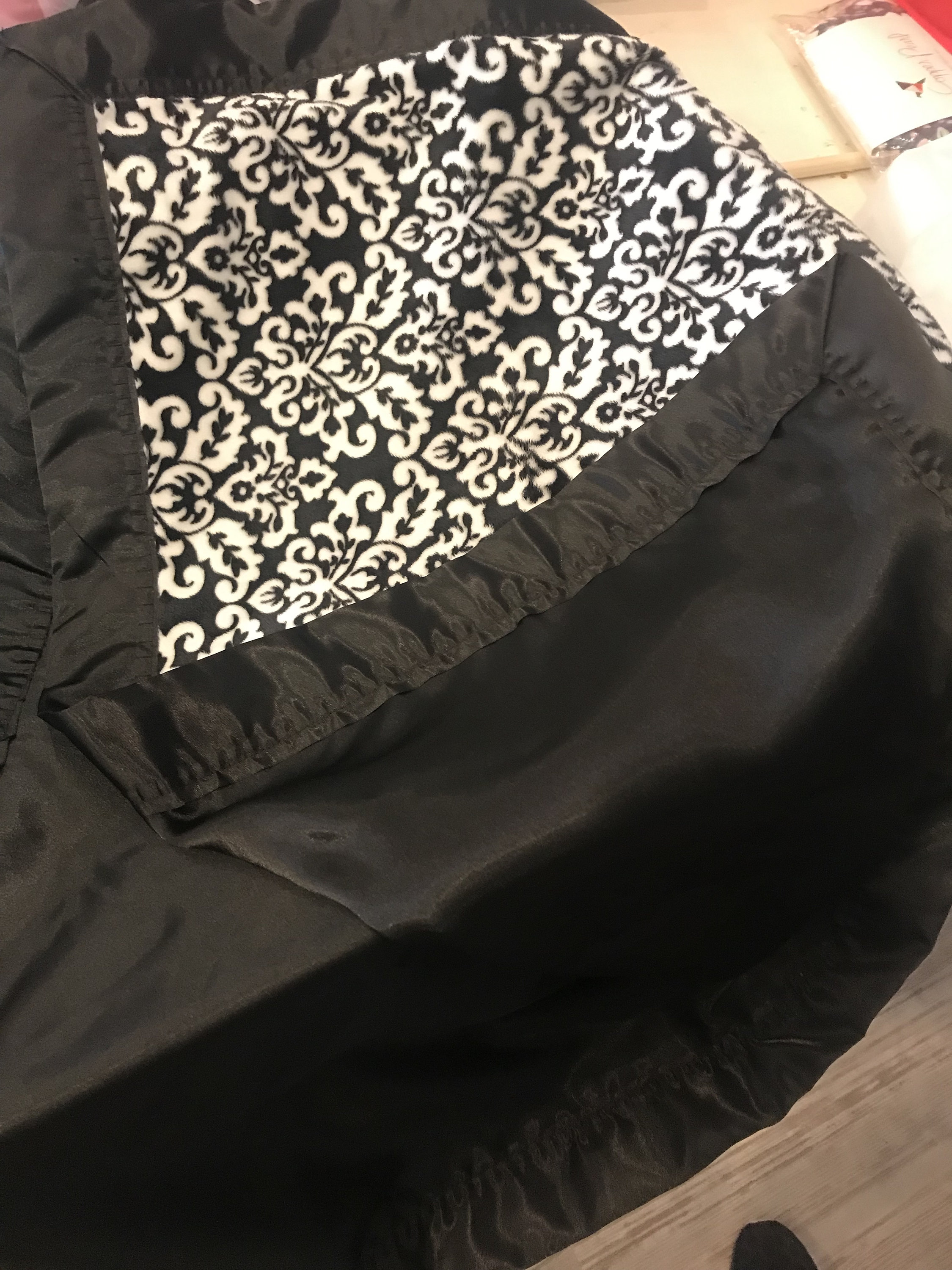 Black and white damask minky and satin blanket 30 x 35