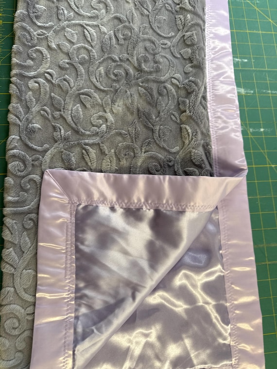 30 x 35 Grey ivy design minky baby blanket with lavender satin backing and binding and FREE embroidery