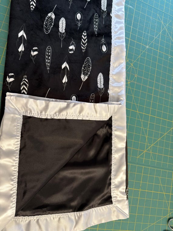 FREE embroidery Minky and satin black and white feather print throw.
