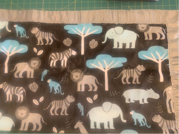 Safari animals grey 30 x 35 minky baby blanket and FREE embroidery