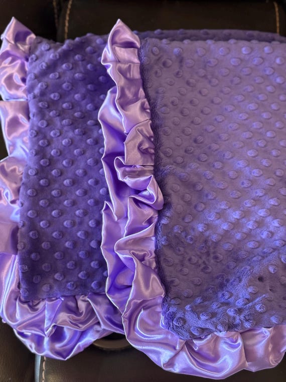 FREE embroidery Purple minky blanket with lilac satin backing and handmade ruffles