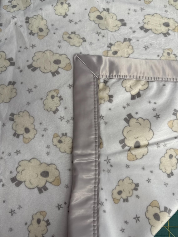 30 x 35 sheep lambs double minky blanket with grey satin binding.  FREE embroidery