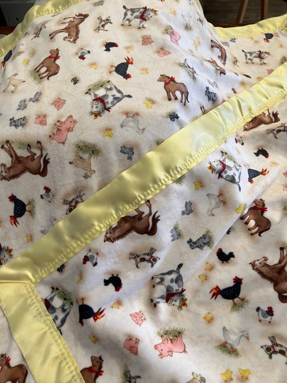 30 x 35 Baby Farm Animals double sided minky baby blanket with yellow or brown satin binding and FREE embroidery