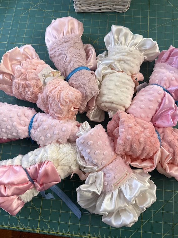 Minky baby girl loveys with ruffles-various colors.  FREE embroidery!