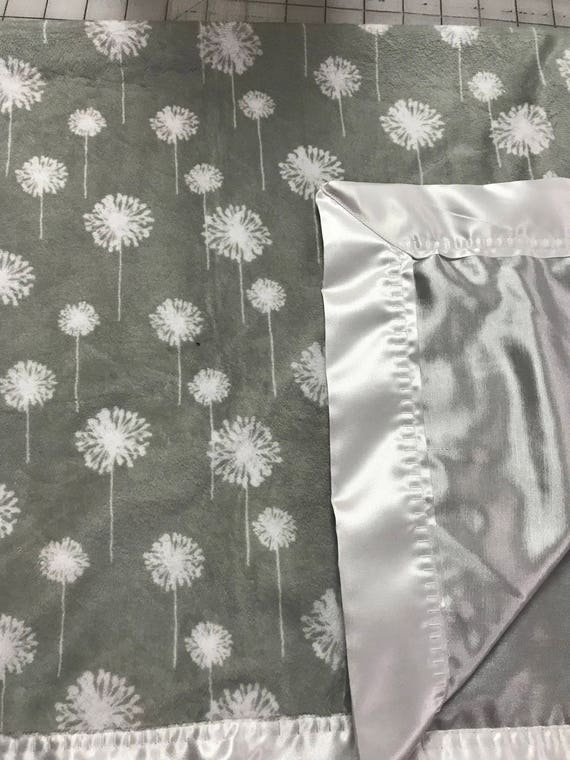 Grey dandelion and white satin minky baby blanket 30 x 35