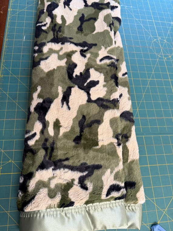 Fluffy green camo minky and satin throw blanket with FREE embroidery