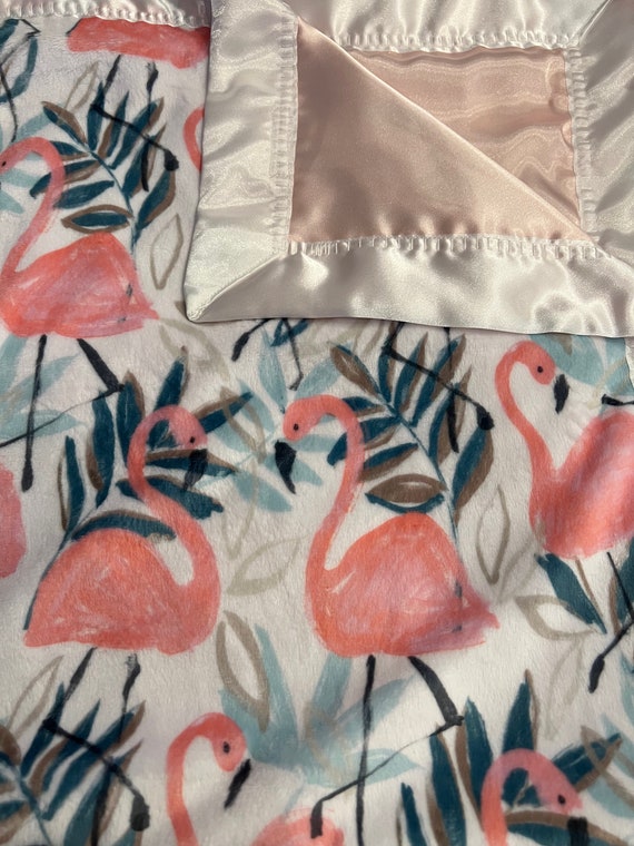 Flamingos minky and satin 30 x 35 baby blanket