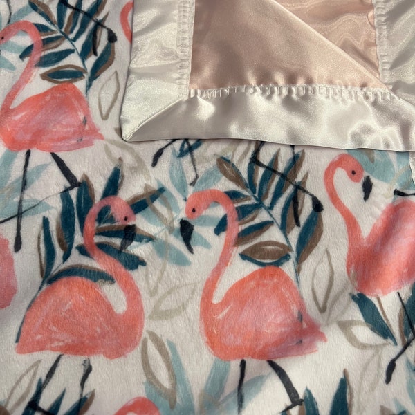 Flamingos minky and satin 30 x 35 baby blanket