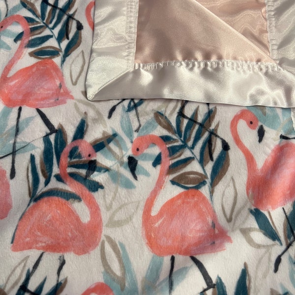 Manta bebé Flamingos minky y satén 30 x 35