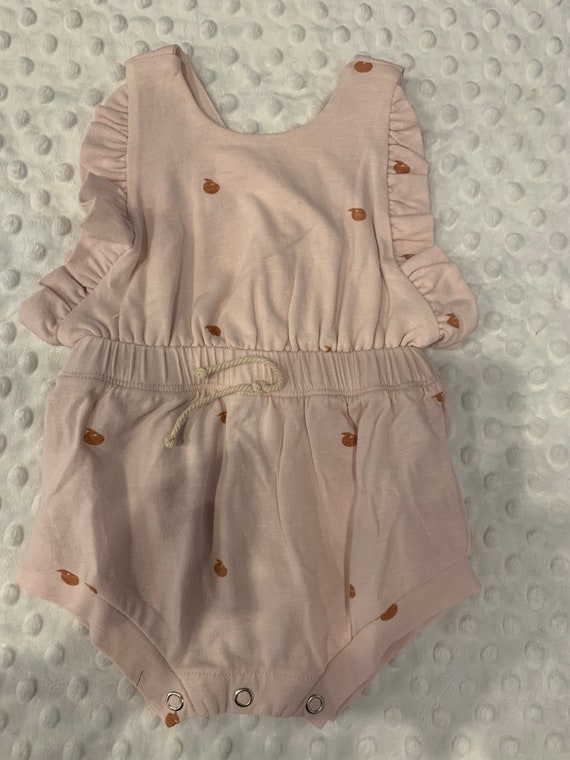 Pink with tiny peaches organic cotton romper bubble by Little Liam