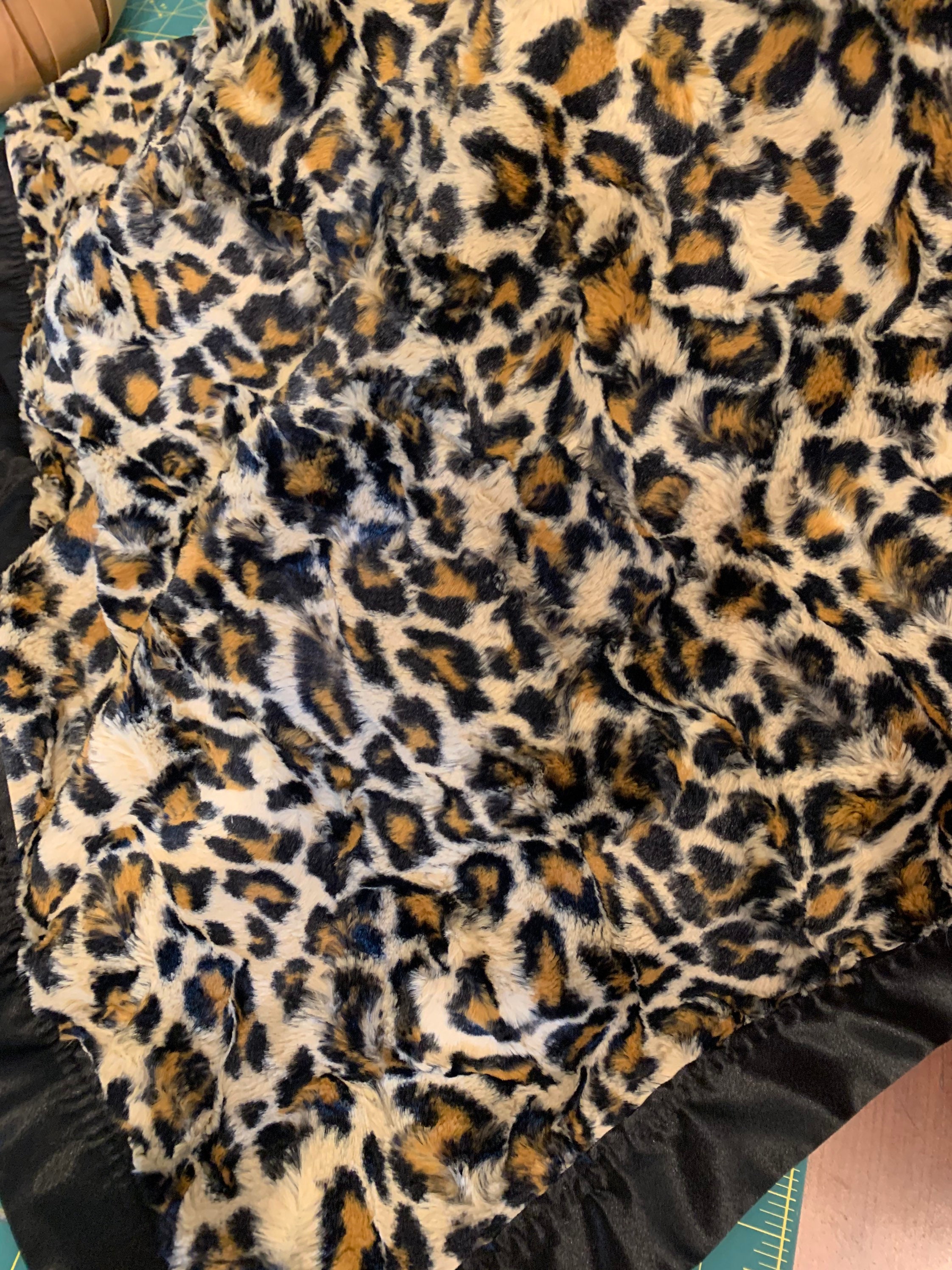 Fuzzy cheetah minky and satin baby blanket 30 x 35