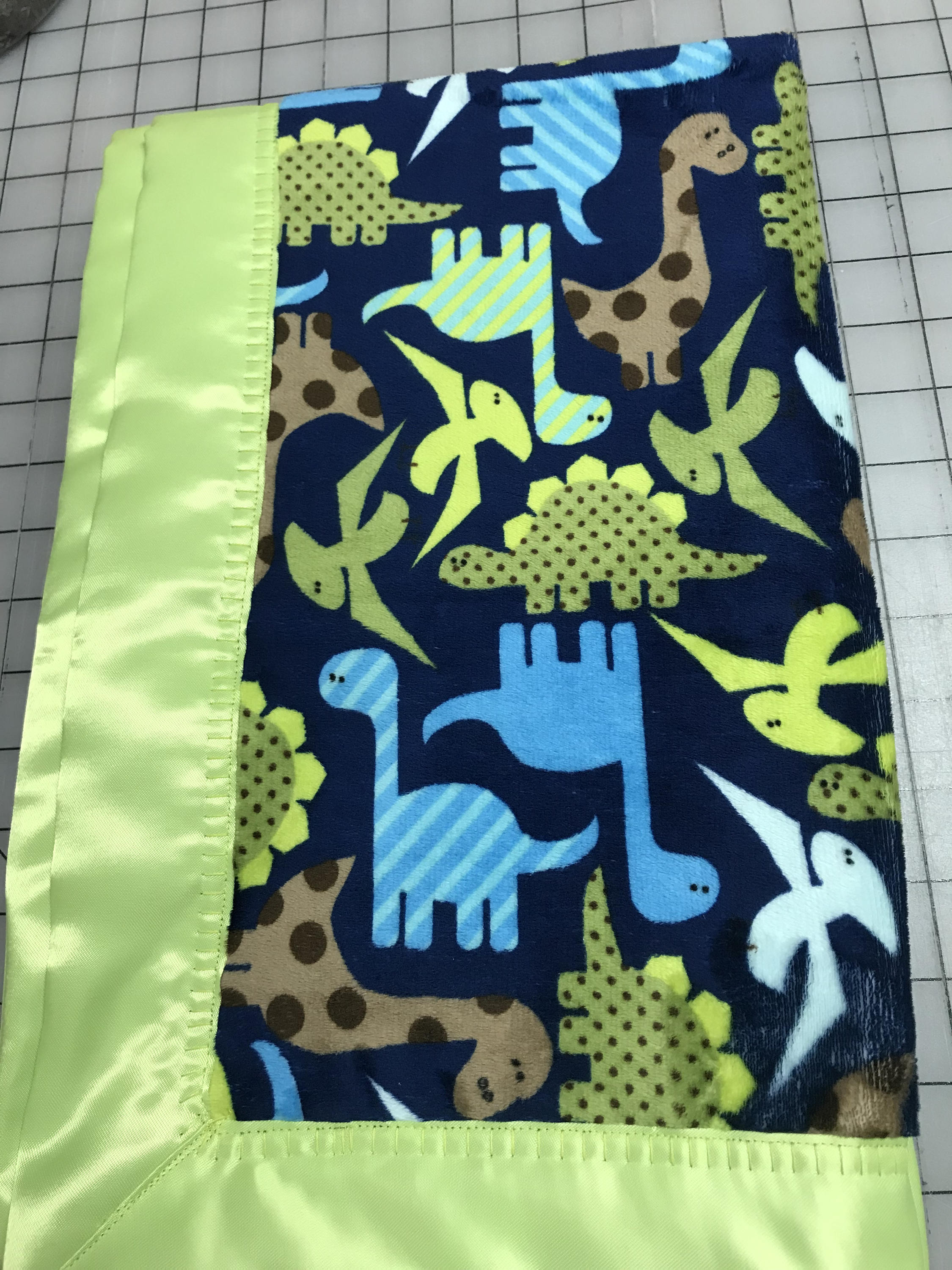 Dinosaur minky baby blanket with royal satin backing and lime binding