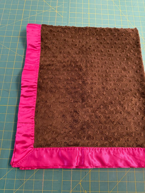 30 x 35 dark brown baby blanket with hot pink satin backing and binding w/ FREE embroidery