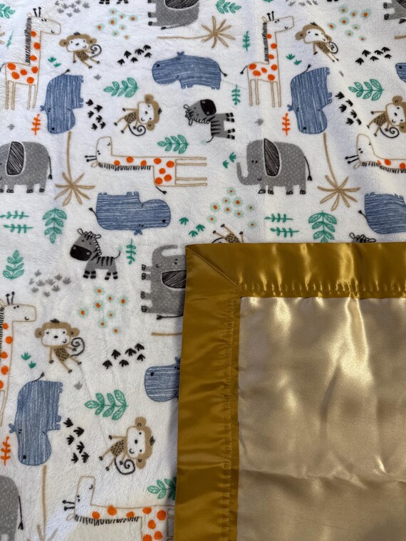 Safari animals  minky 30 x 35 baby blanket with gold satin backing and binding and FREE embroidery