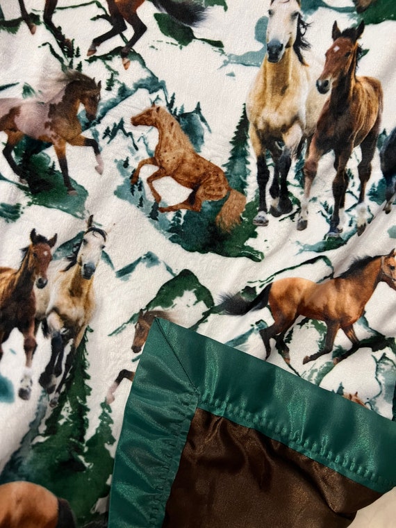 Winter mountains and horses minky and satin baby blanket 30 x 35