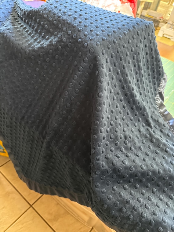 30 x 35 Navy blue minky dot baby blanket with navy satin backing and binding and FREE embroidery.