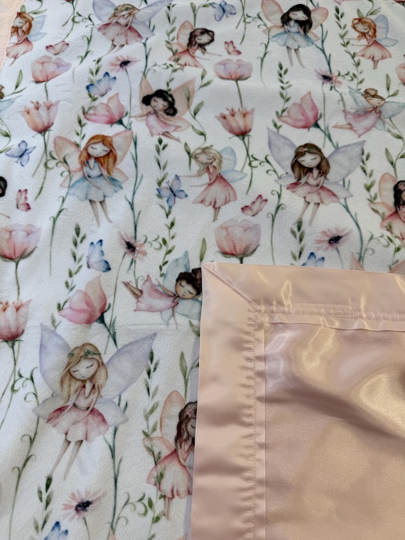 Fairies flat minky and pink satin baby blanket 30 x 35 and FREE embroidery