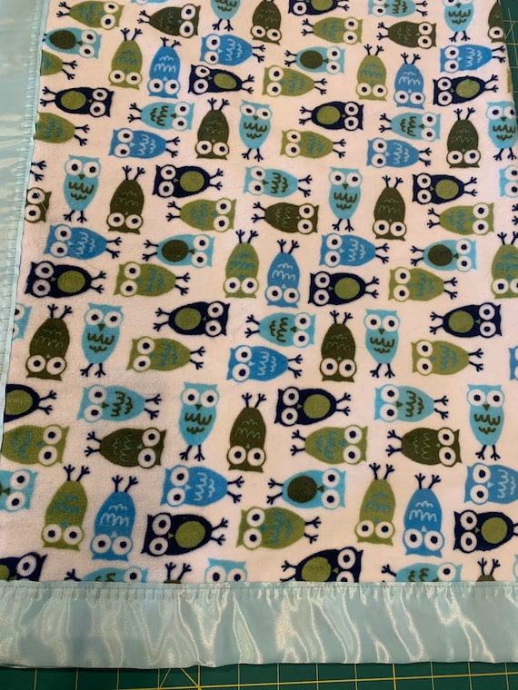 29 x 34 Blue owls with blue satin backing and baby blue binding with FREE embroidery