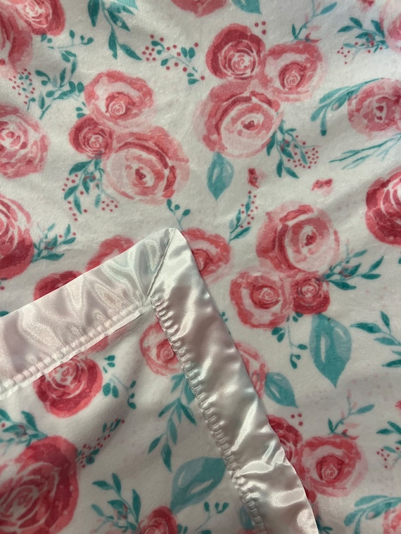 Roses floral 30 x 35 double flat minky and satin baby blanket