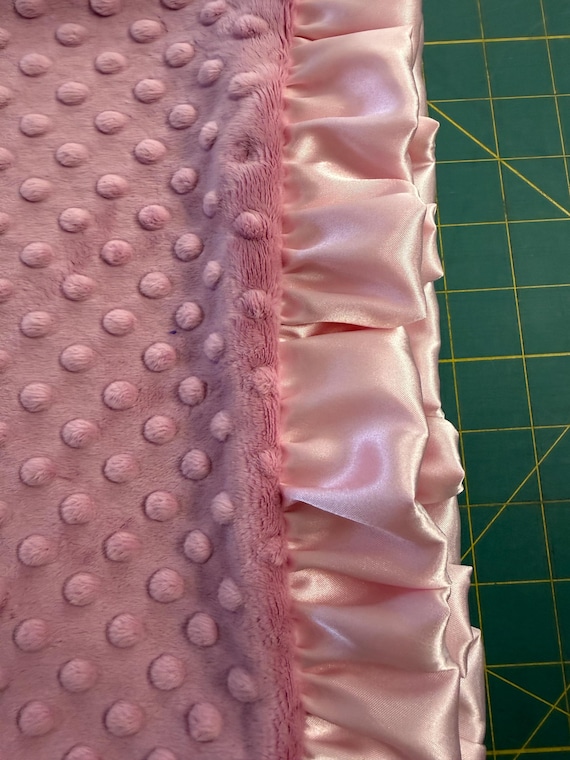 FREE embroidery Dusty Rose minky blanket with pink satin backing and flat binding or handmade ruffles