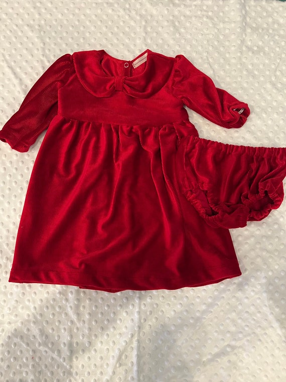 Solid Red soft corduroy Christmas dress with bloomers and matching bow.