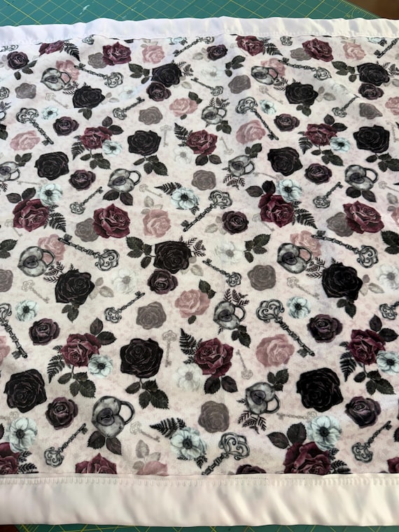 FREE embroidery floral pink and burgundy minky and satin baby blanket roses keys
