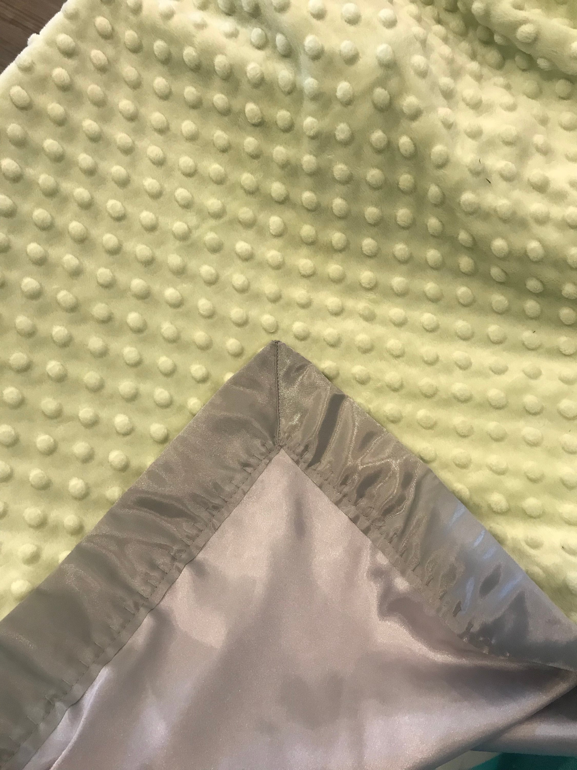 Celery green and gray minky and satin 30 x 35 baby blanket