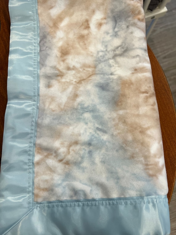 Baby blue and tan minky and satin baby blanket 30 x 35 and FREE embroidery