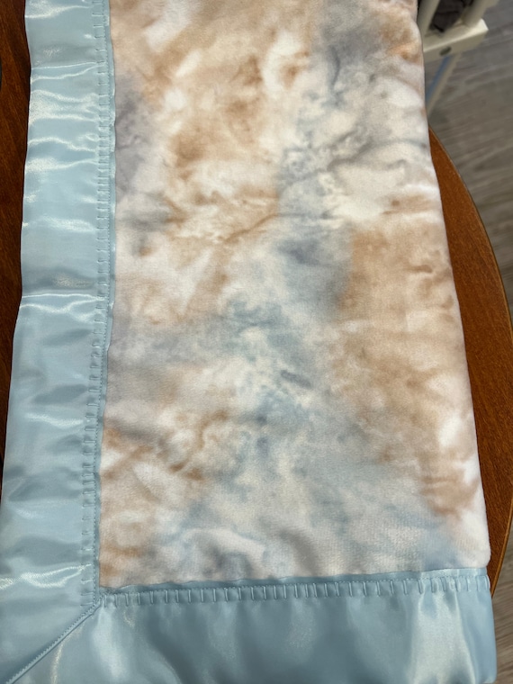 Baby blue and tan minky and satin baby blanket 30 x 35