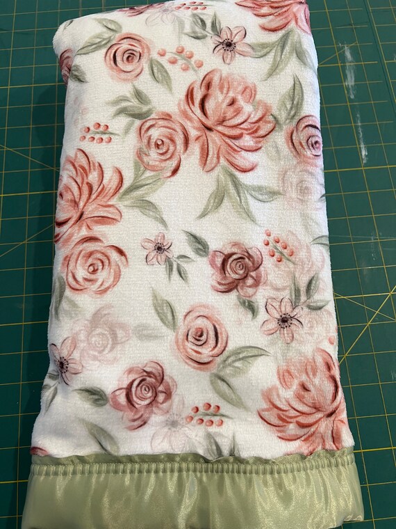 30 x 35 Floral double minky thick baby blanket with sage binding