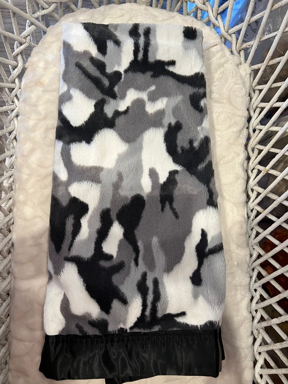 Black grey white fuzzy minky camo baby blanket 30 x 35