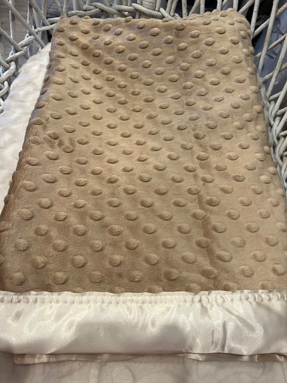 Neutral honey colored minky blanket 30 x 35 with ivory satin backing and binding