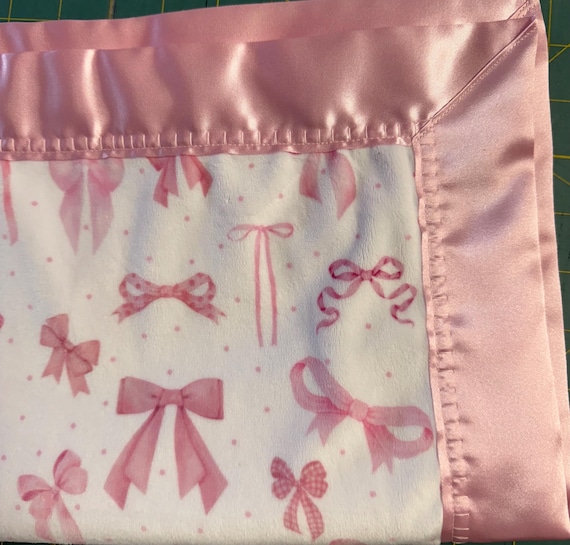 FREE embroidery pink and white vintage bows flat minky and satin baby blanket
