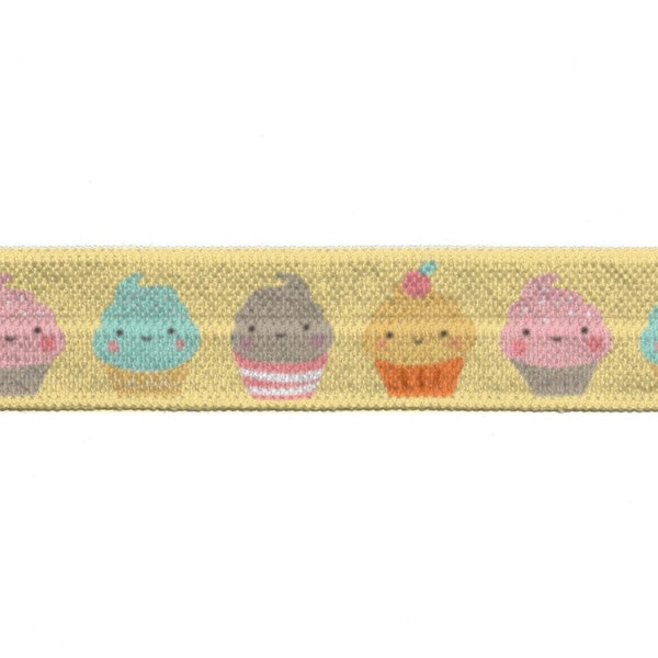 5/8" Yellow Cupcakes Fold Over Elastic, FOE, Print, Pattern