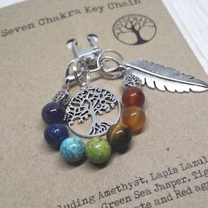 Sleutelhanger met chakrakralen, sleutelhanger zeven chakra's, sleutelhanger yoga, sleutelhanger levensboom, levensboom sleutelhanger, chakra cadeau, chakra portemonnee bedel, positief bericht cadeau