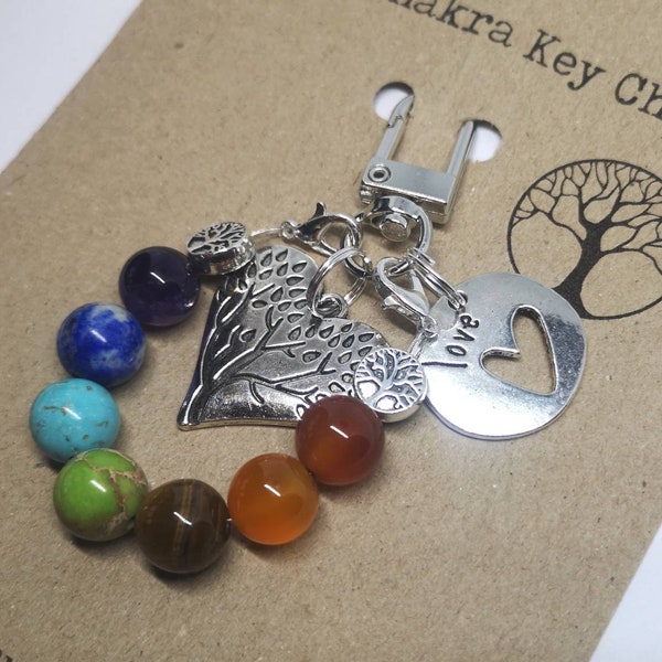 Chakra beaded Keychain, Seven Chakra Keyring, Yoga Keychain, tree of life Key Chain, Chakra Gift, Chakra Purse Charm, positive message gift